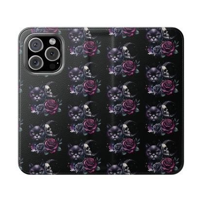 Gothic Floral Flip Case with Cats and Skulls Printify