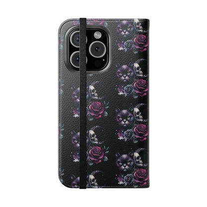 Gothic Floral Flip Case with Cats and Skulls Printify