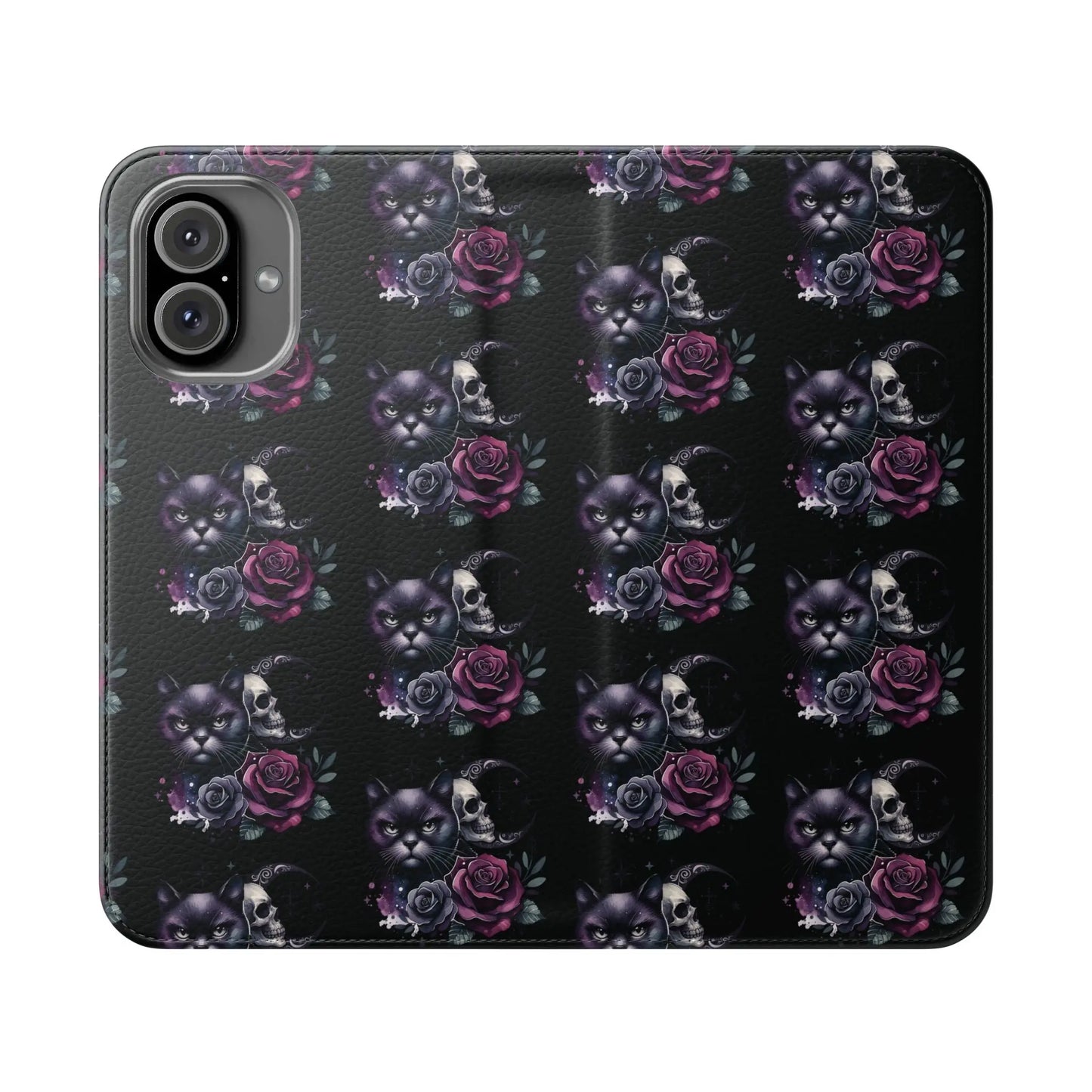 Gothic Floral Flip Case with Cats and Skulls Printify