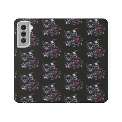 Gothic Floral Flip Case with Cats and Skulls Printify