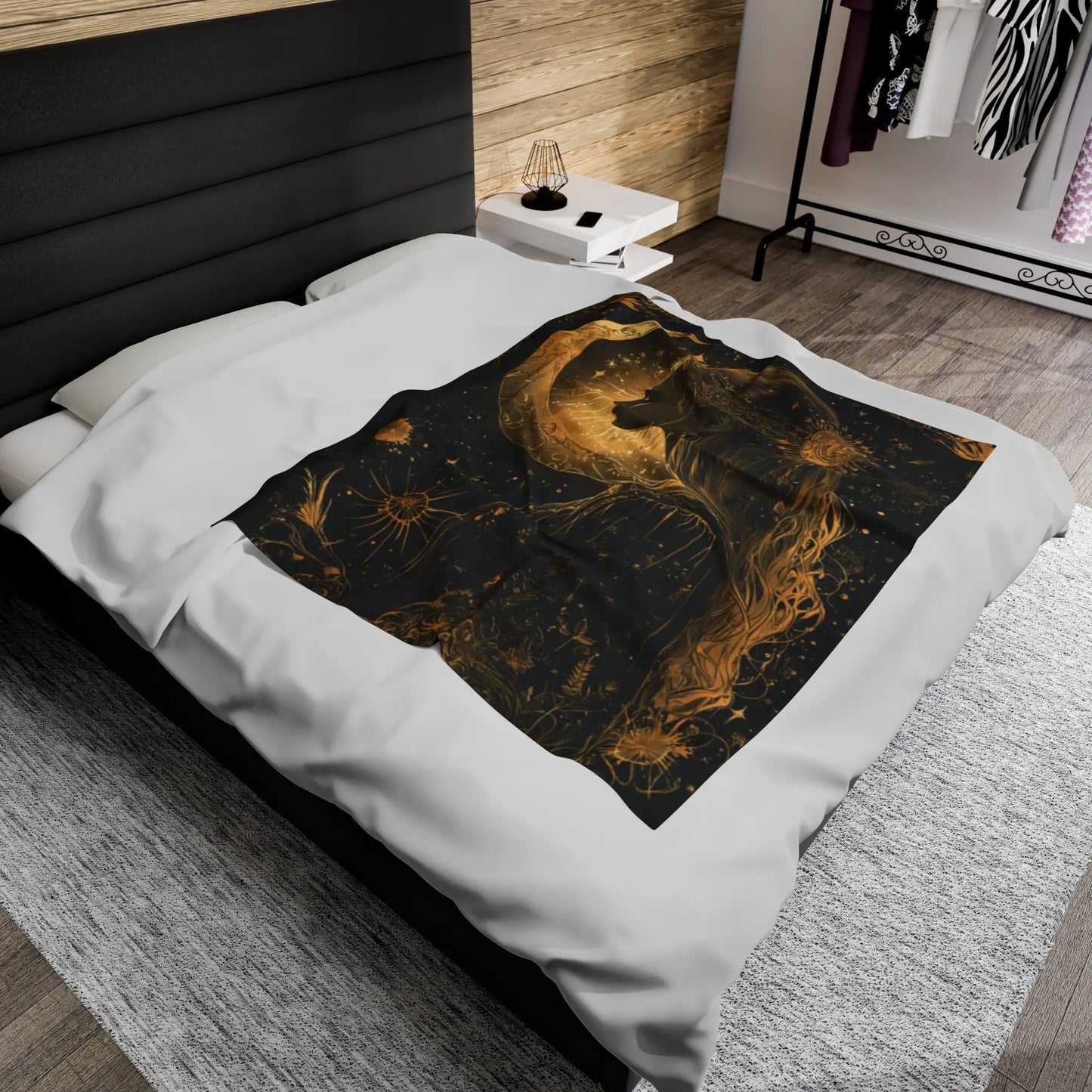 Black & Gold Celestial Pagan Design Plush Velveteen Blanket Printify