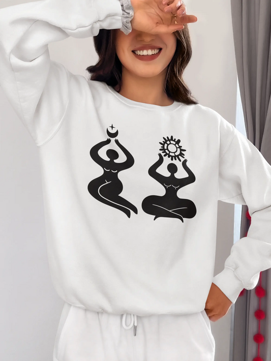 a woman wearing a white sweatshirt with the pagan symbol design. Witclhypets.com